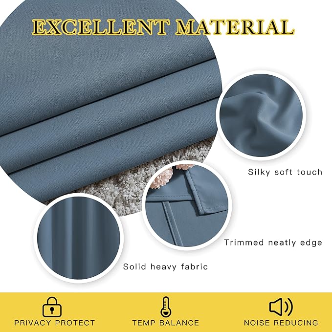 NICETOWN Blackout 72 inch Curtains for Kids Room, Grommet Room Darkening Thermal Insulated Solid Window Treatments Sound Reducing for Bedroom, 2 Panels, W37 x L72, Smoky Blue