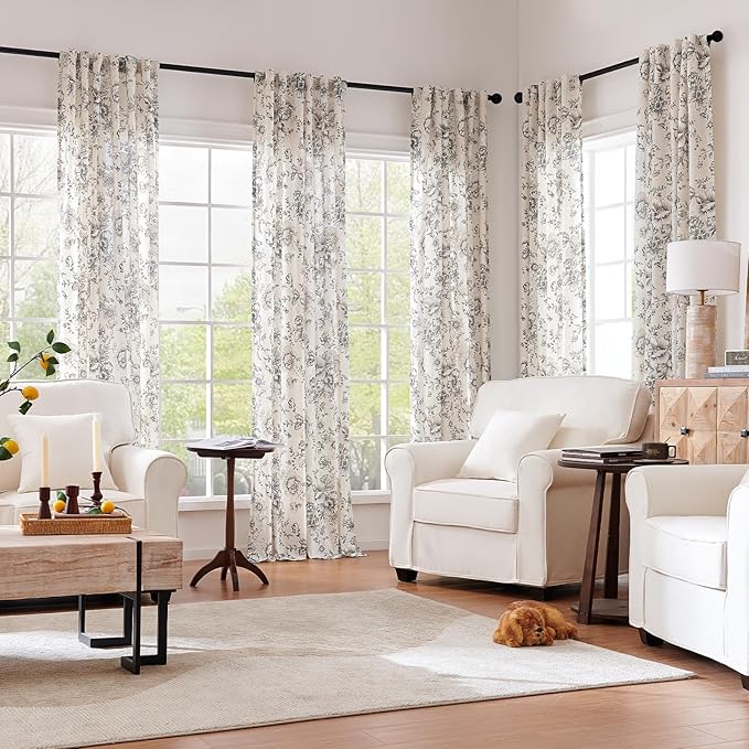 jinchan Linen Blend Curtain Floral Curtains for Living Room 96 Inch Length Black Printed Curtain Rod Pocket Back Tab Farmhouse Peony Flower Patterned Drapes Bedroom Window Curtains Set 2 Panels