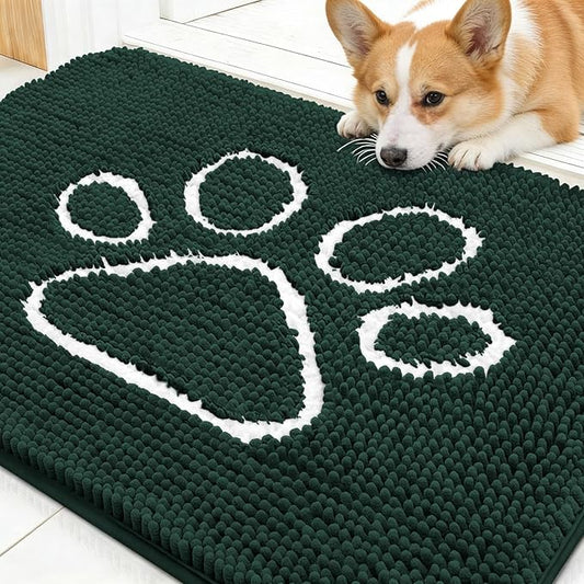OLANLY Dog Door Mat for Muddy Paws 30x20, Paw Print Design, Absorbs Moisture and Dirt, Absorbent Non-Slip Washable Doormat, Quick Dry Chenille Mud Mat, Entry Indoor Entryway Carpet, Blackish Green
