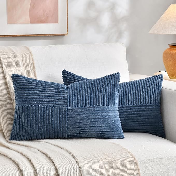 Fancy Homi 2 Packs Dusty Blue Lumbar Decorative Throw Pillow Covers 16x28 Inch for Couch Bed Sofa, Rustic Farmhouse Boho Home Decor, Soft Striped Corduroy Rectangle Accent Cushion Case 40x70 cm