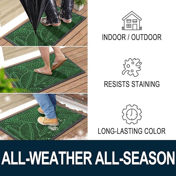 Colorxy Waterproof Doormat, Sturdy Natural Rubber Front Indoor Mat, Non Slip Low Profile Indoor Outdoor Door Mats, Stain and Fade Resistant Floor Mat, Easy Clean Patio Entrance Mat, 36''x24'', Green