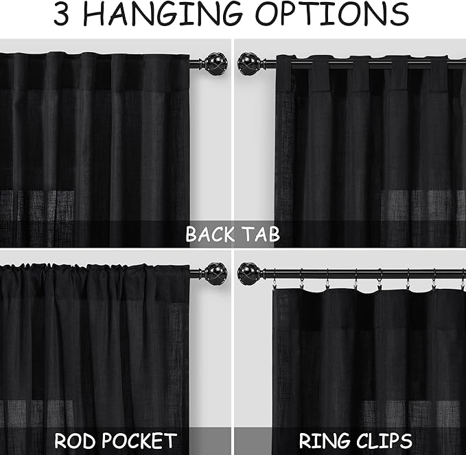 Nanspring Black Linen Curtains 63 inches Long for Bedroom Back Tab Sheer Black Curtains Modern Farmhouse Coastal Decor Cotton Textured Gauze Curtain for Bathroom 2 Panel Set 52x63