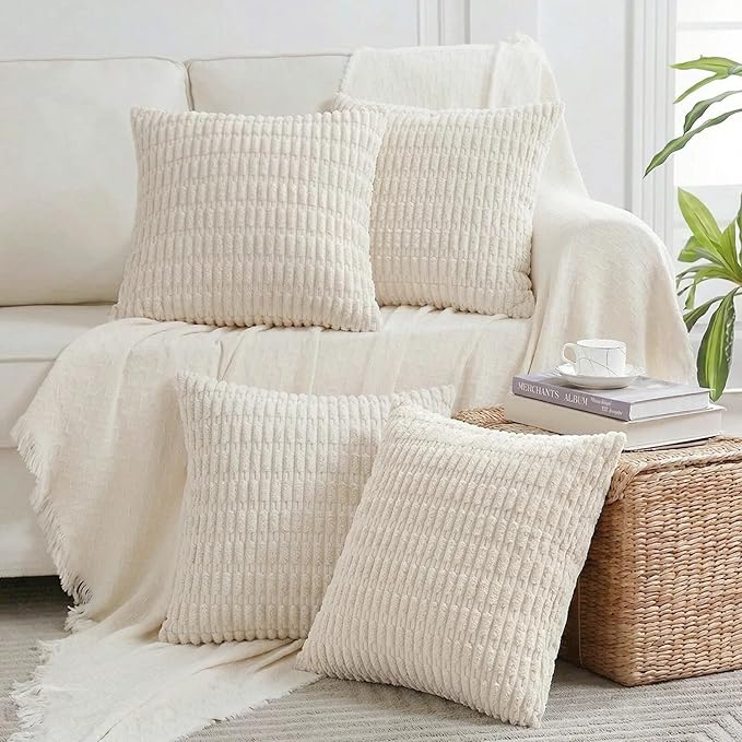 Fancy Homi 4 Packs Boho Cream Decorative Throw Pillow Covers 20x20 Inch for Living Room Couch Bed Sofa, Rustic Modern Farmhouse Home Decor, Soft Plush Corduroy Square Beige Cute Cushion Case 50x50 cm