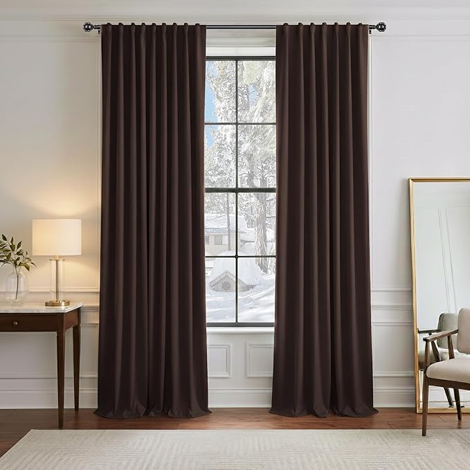 PONY DANCE Black Out Curtains for Bedroom Window, Room Darkening 96 inch Curtains 2 Panel Set, Thermal Insulated Drapes for Living Room Window Treatment, Back Tab/Rod Pocket, 52 x 96 Inch, Brown