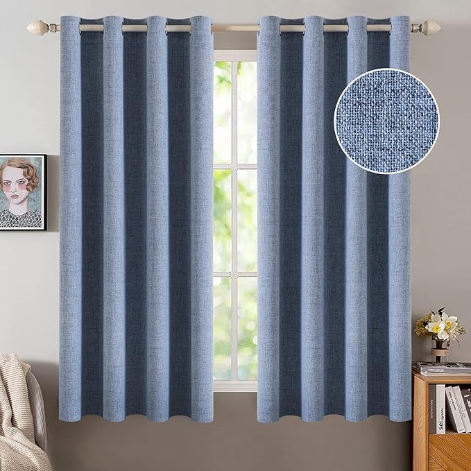 MIULEE Linen Texture Curtains for Bedroom Solid 100% Blackout Thermal Insulated Stone Blue Curtains Grommet Room Darkening Drapes Luxury Decor for Living Room Nursery 52x54 Inch (2 Panels)