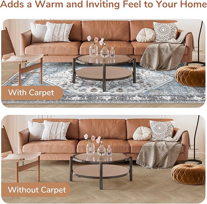 OPPODREAM Soft Area Rugs 9x12 Living Room, Washable Rugs 9x12 with Non Slip Backing, Faux Cashmere Low-Pile 9 x 12 Carpet, Grey & Teal & Yellow