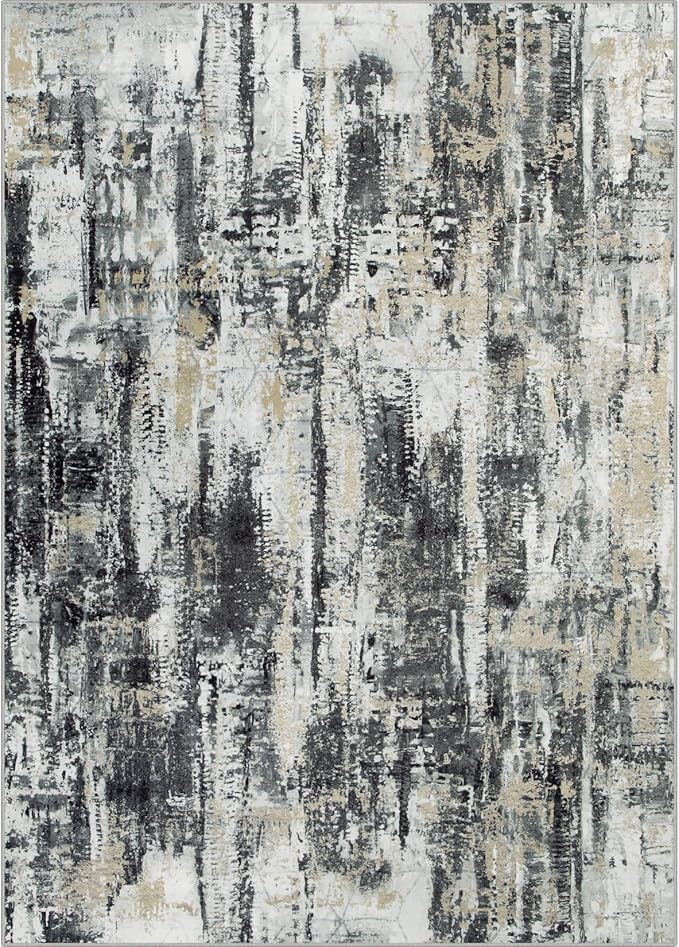 9x12 Area Rugs Washable Rug: Modern Abstract Living Room Rug Soft Anti-Skid Thin Carpet Indoor Floor Non-Shedding Carpets for Bedroom Dining Room Farmhouse Nursery Home Office Black Grey Gold