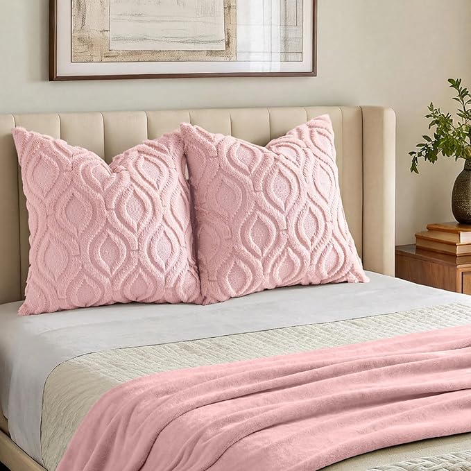 decorUhome Throw Pillow Covers 18x18 Inch Set of 2, Soft Plush Faux Wool Pink Solid Couch Pillow Covers, Accent Farmhouse Neutral Square Pillow Cases for Sofa Bed Living Room