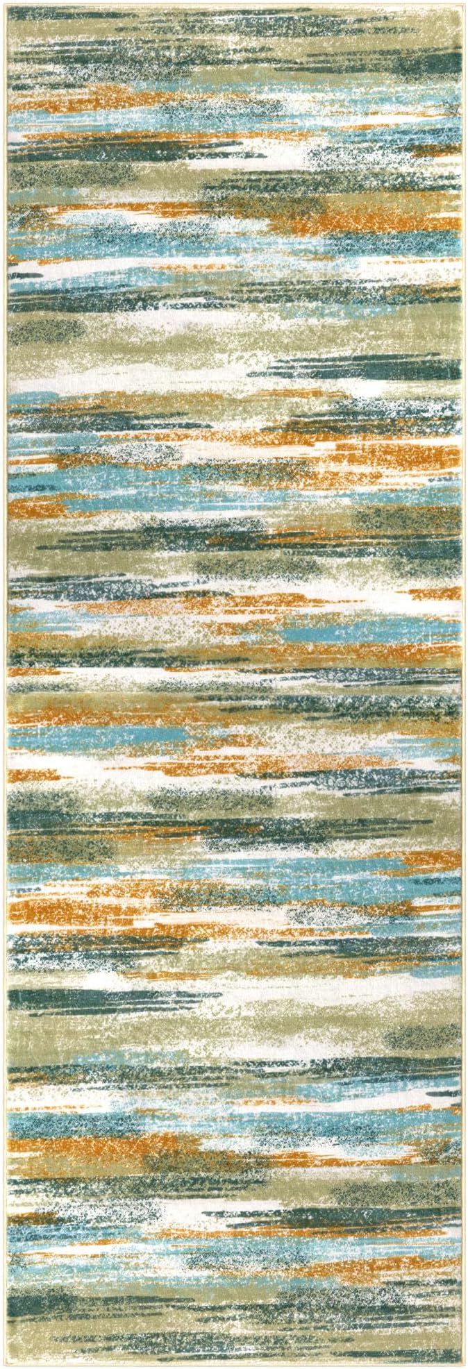 Lansny Modern Abstract Runner Rug 2x10, Green Mustard Multi Washable Long Kitchen Runner Non-Slip Soft Hallway Rug Runner Thin Print Faux Wool Carpet for Entryway Bedroom Laundry Room Indoor