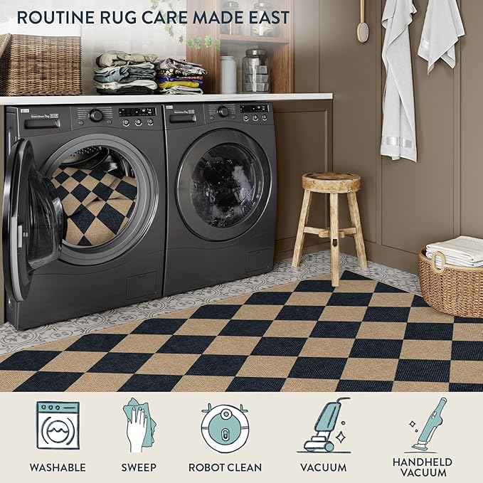 Lahome Colette Checkered Round Rug 3ft, Circle Indoor Outdoor Entryway Patio Rug Washable Easy Jute Rug, Farmhouse Non Slip Small Round Rugs for Bedroom Porch Living Room Decor