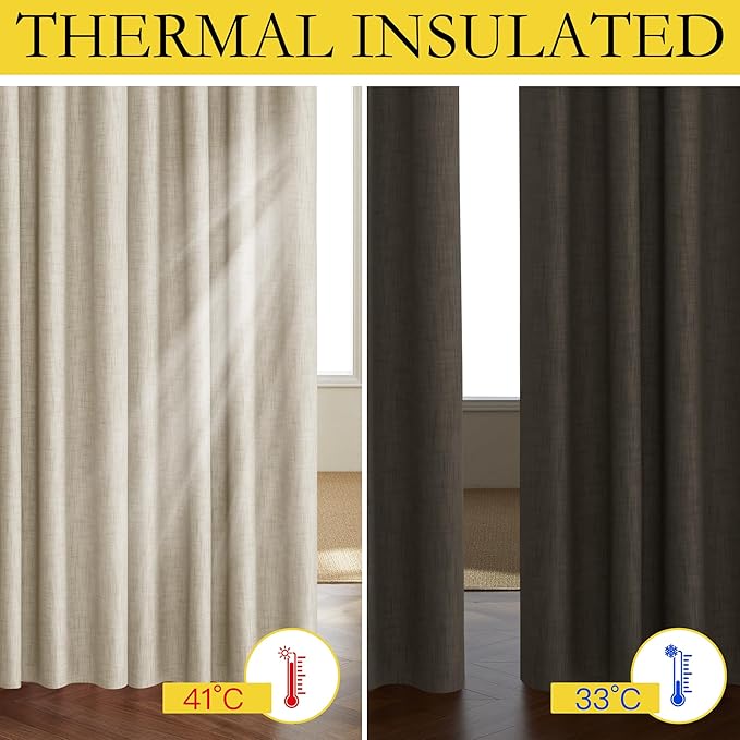 NICETOWN Taupe 100% Blackout Linen Curtains 120 inch Long Burg, Farmhouse Thick Completely Blackout Window Treatment Panels Thermal Insulated Drapes for Living Room (1 Pair, 52" Width Each Panel)