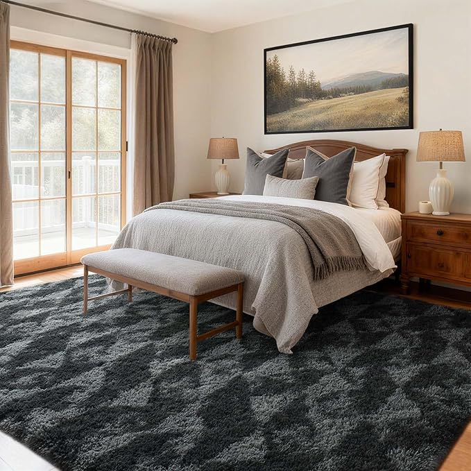 5x7 Ft Large Shag Rugs for Bedroom Living Room for Men Boys, Tie Dyed Ultra Soft Fluffy Furry Area Rug for Indoor Floor, Aesthetic Carpet for Home Decor (Black Grey)