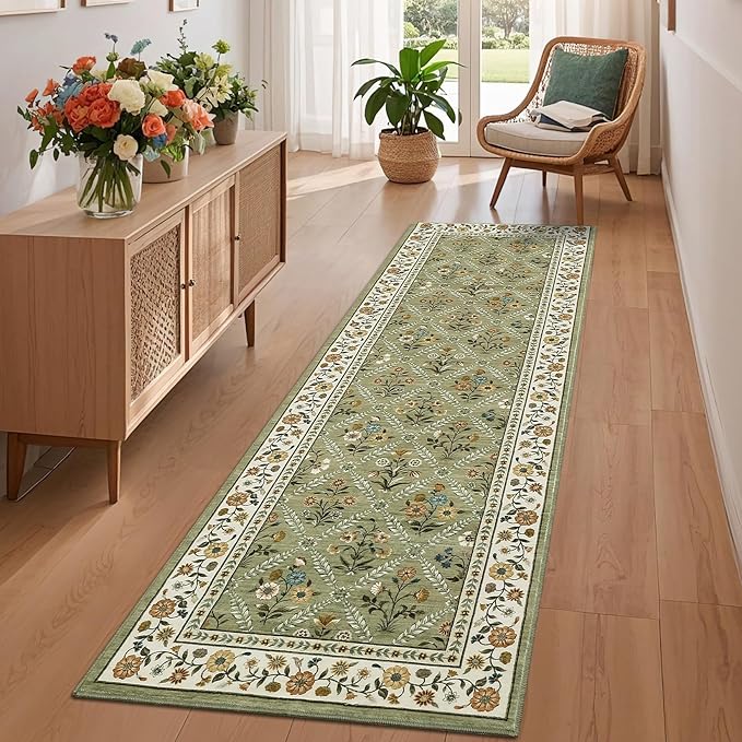 Washable Kitchen Rugs Non Slip 2x6 Hallway Runner Rug Stain Resistant Low Pile Floral Floor Rug with Rubber Backing Non Shedding Runners for Indoor Entryway Bedside Bedroom Farmhouse RV Green