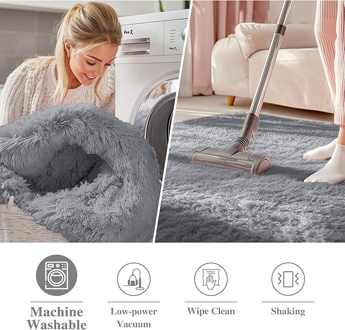 OLANLY Light Grey Round Rugs for Bedroom - Machine Washable, 9 ft Circle Area Rugs for Living Room, Soft and Fluffy Shaggy Carpet for Teen Girls and Boys, Nursery Rooms, Dorms, Home Decor Aesthetic
