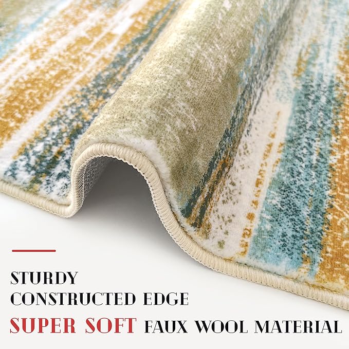 Lansny Modern Abstract Runner Rug 2.6x14, Green Mustard Multi Washable Long Kitchen Runner Non-Slip Soft Hallway Rug Runner Thin Print Faux Wool Carpet for Entryway Bedroom Laundry Room Indoor