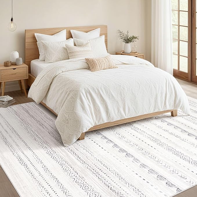 Nakagishi 10x12 Area Rug Living Room: Washable Boho Large Neutral Soft Farmhouse Modern Rugs Stain Resistant Moroccan Non-Slip Indoor Floor Carpet for Bedroom Nursery Kids Playroom Office- Gray