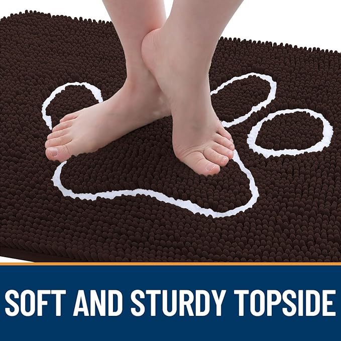 OLANLY Dog Door Mat for Muddy Paws 44x32, Paw Print Design, Absorbs Moisture and Dirt, Absorbent Non-Slip Washable Doormat, Quick Dry Chenille Mud Mat for Dogs, Entry Indoor Entryway Carpet, Brown
