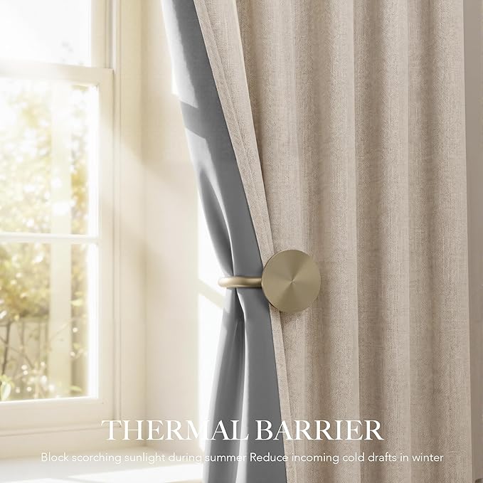 RYB HOME 100% Blackout Linen Textured Curtains 96 inches Long, Thermal Insulating Privacy Energy Saving for Bedroom Living Room Window Office Theater Dining Nursery, W 52 x L 96 in, Linen, 2 Panels