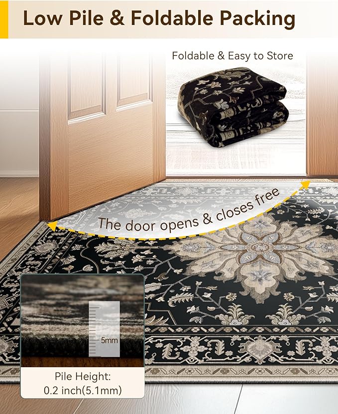 RELEANY Area Rugs 2'x7' Runner Rug Non Slip Washable for Kitchen Hallway Bedroom Beside Laundry Room Bathroom Rug, Floor Carpet, Black Brown Neutral Dark Tan
