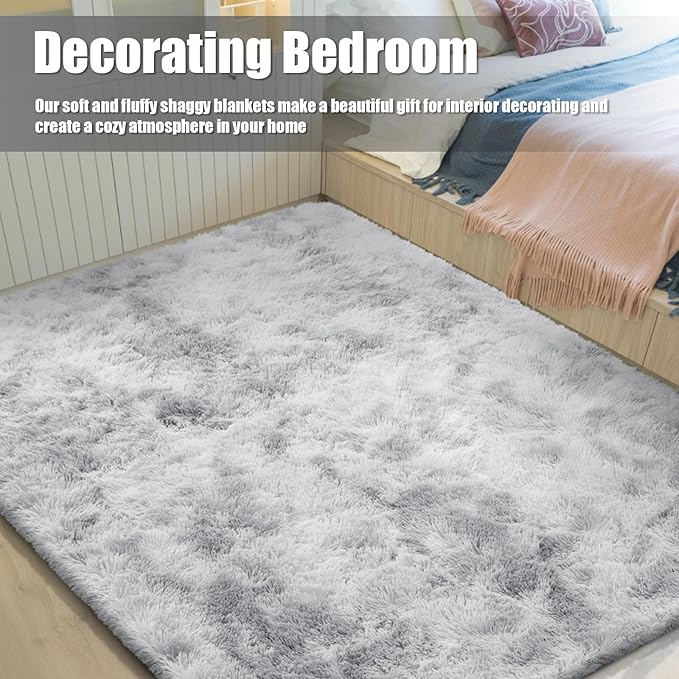 Ultra Soft Fluffy Area Rugs for Bedroom Living Room 10x14, Nursery Rug, Non-Slip Carpet for Kids Dorms Decor, Shaggy Bedside Rug, Tie-Dyed Light Grey