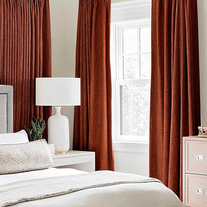 MIULEE 100% Blackout Linen Curtains for Bedroom Thermal Insulated Burnt Orange Grommet Room Darkening Curtains & Drapes Rust Terracotta Fall Decor for Living Room Nursery 52 x 96 Inch (2 Panels)