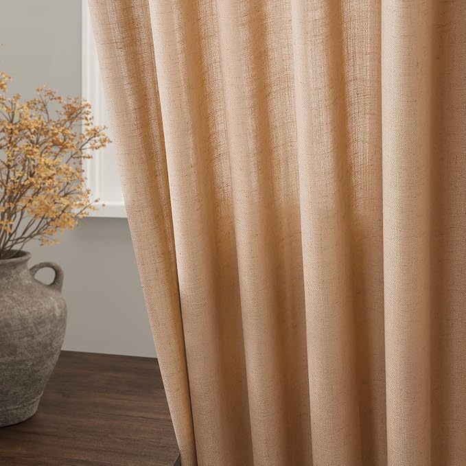 Extra Long Camel Linen Curtains 2 Panels 102 Inches Long for Living Room Back Tab Rod Pocket Light Filtering Semi Sheer Drapes Soft Cotton Textured Window Curtain 102 Inch Length for Bedroom.