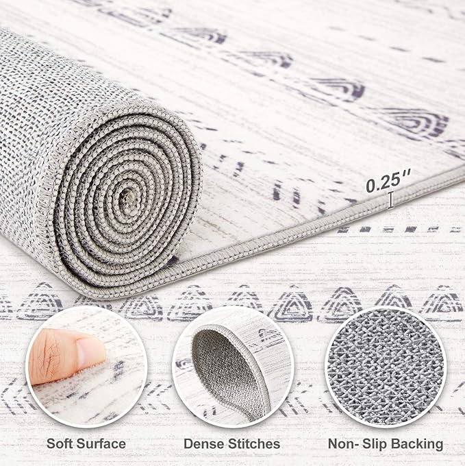 Nakagishi Runner Rug Kitchen Washable Rugs: 3x8 Non-Slip Boho Soft Modern Stain Resistant Indoor Floor Neutral Farmhouse Throw Carpet for Hallway Bathroom Laundry Room Entryway Bedroom- Grey