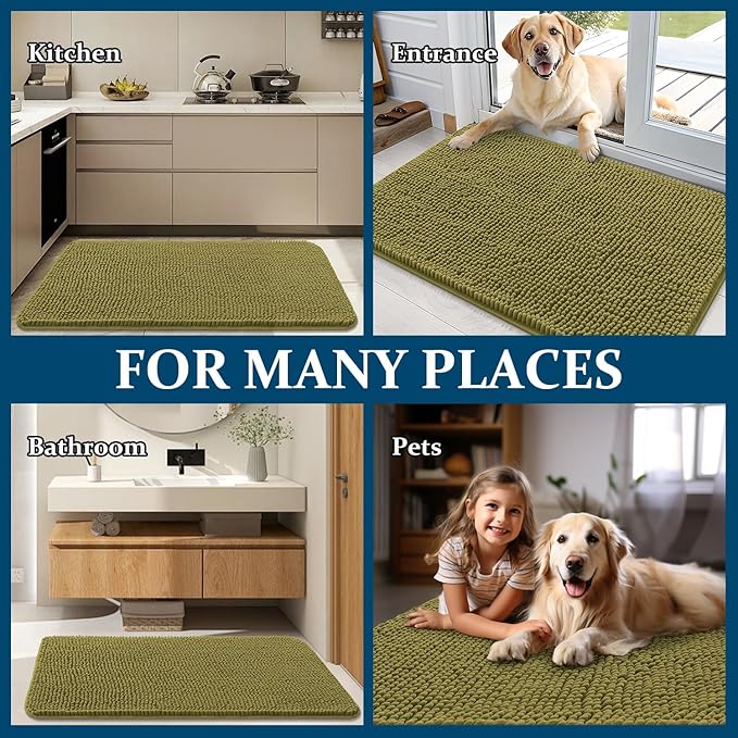 OLANLY Dog Door Mat for Muddy Paws 40x24, Absorbs Moisture and Dirt, Absorbent Non-Slip Washable Doormat, Quick Dry Chenille Mud Mat, Entry Indoor Entryway Carpet for Inside Floor, Willow Green