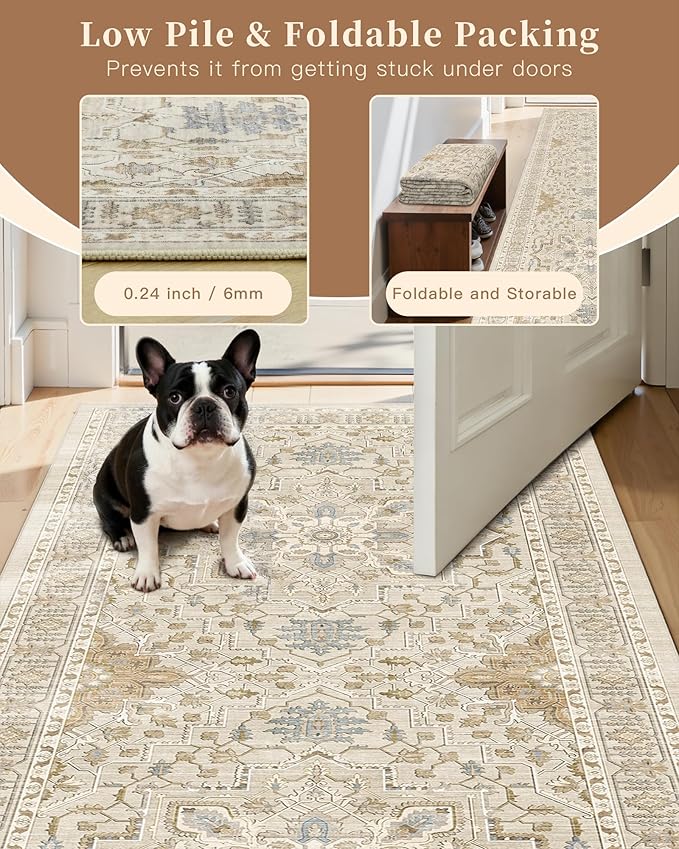 Madane Kitchen Runner Rug - 2x7 Runner Rugs with Rubber Backing Non Slip Vintage Washable Rug Runner Ultra-Thin Throw Carpet Runners for Hallways Bedroom Laundry Room (2'x7', Beige/Blue)