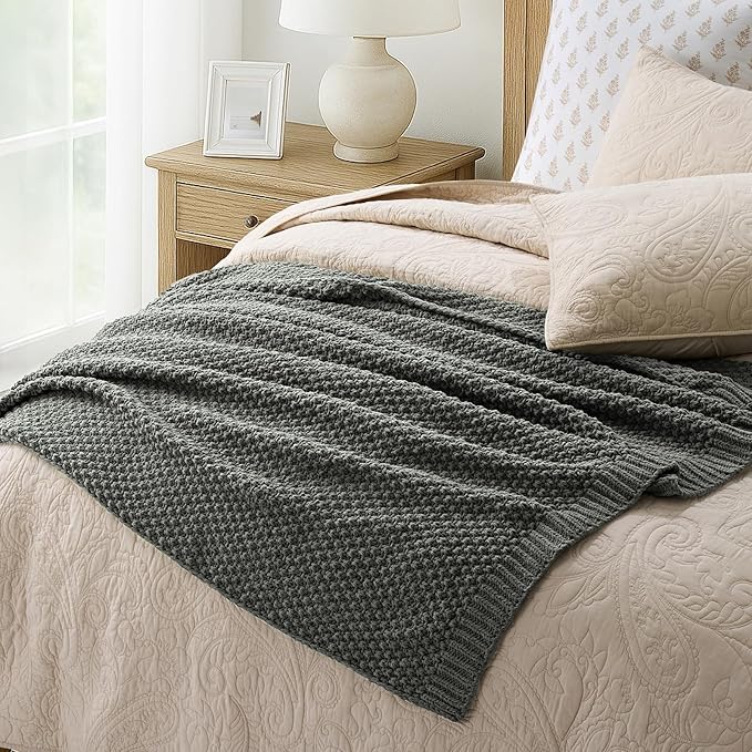 EVERGRACEHOME Chunky Chenille Knit Throw Blanket for Couch, Soft Luxurious Moss Stitch Blankets for Bed, Cozy Decorative Farmhouse Knitted Throws for Sofa, Charcoal Gray, 50" x 60"