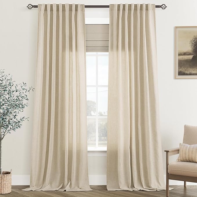 Greyish Beige Linen Curtain 108 inch Length 2 Panels Set Back Tab Light Filtering Living Room Curtain Drapes Home Office Modern Minimalist Decor Farmhouse Boho Neutral Semi Sheer Curtain 108 inch Long