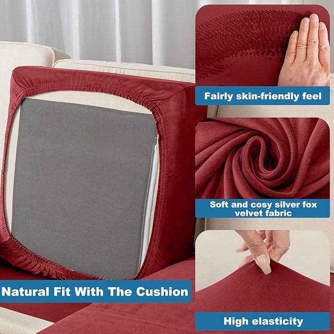 Couch Cover 6-Piece Elastic Velvet Couch Cushion Covers & Chaise Slipcovers for L-Shaped Sofas, Sofa Seat Covers Washable, Soft Cover for Couches (5 Seater + Chaise, Christmas Red)