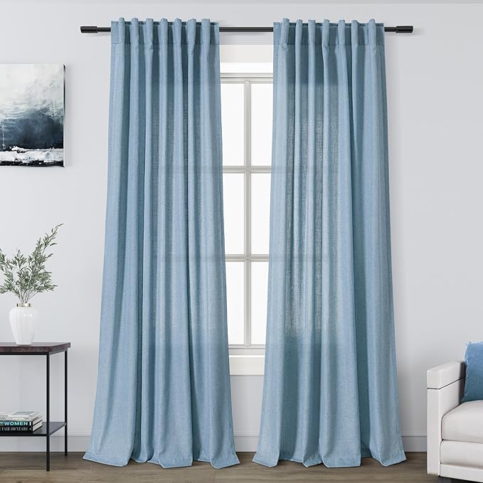 Nanspring Blue Semi Sheer Linen Curtains 90 inch Length for Living Room Back Tab Rod Pocket Modern Farmhouse Coastal Decor Dusty Blue Cotton Textured Gauze Curtains for Dining Room Office 52x90