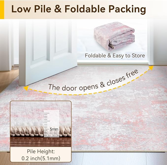 Washable Area Rugs Square 7ft Non-Slip Modern Abstract Soft for Living Room Entryway Bedroom Nursery, Print Pattern, Grey Pink