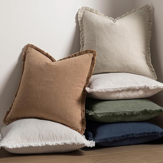 MIULEE Decorative Lumbar Throw Pillow Covers Neutral Linen Fringe Throw Pillows Set of 2 Natural Beige Boho Farmhouse Cushion Covers for Couch Sofa Bed Living Room Spring Home Decor 12x20 Inch