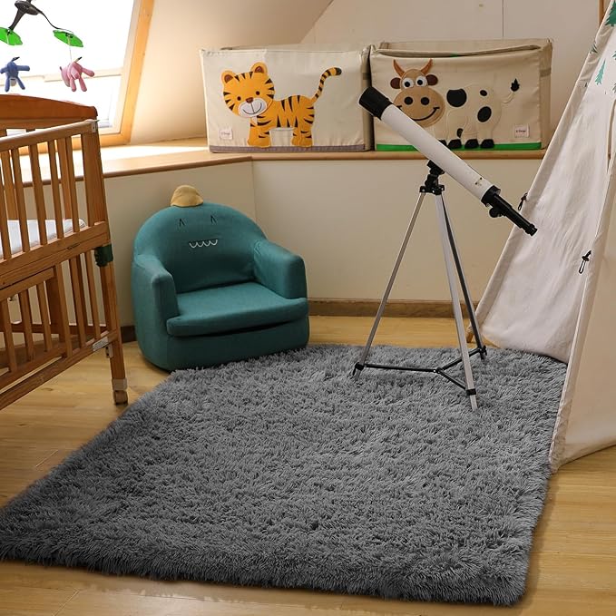 Ophanie Area Rugs for Bedroom Living Room, Grey Fluffy Fuzzy Shag Shaggy Soft Plush Carpet, 4x6 Indoor Floor Gray Rug for Kids Home Dorm Decor Aesthetic