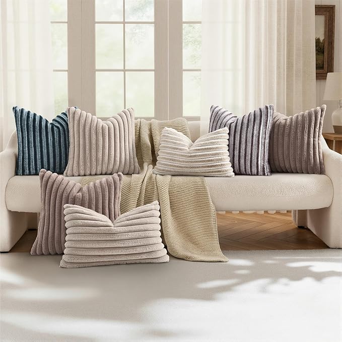 decorUhome Summer Cozy Faux Fur Throw Pillow Covers 22x22 Set of 2 Decorative Plush Striped Modern Farmhouse Boho Couch Euro Sham Pillow Cases with Velvet Back for Sofa Bed Living Roomr, Beige White