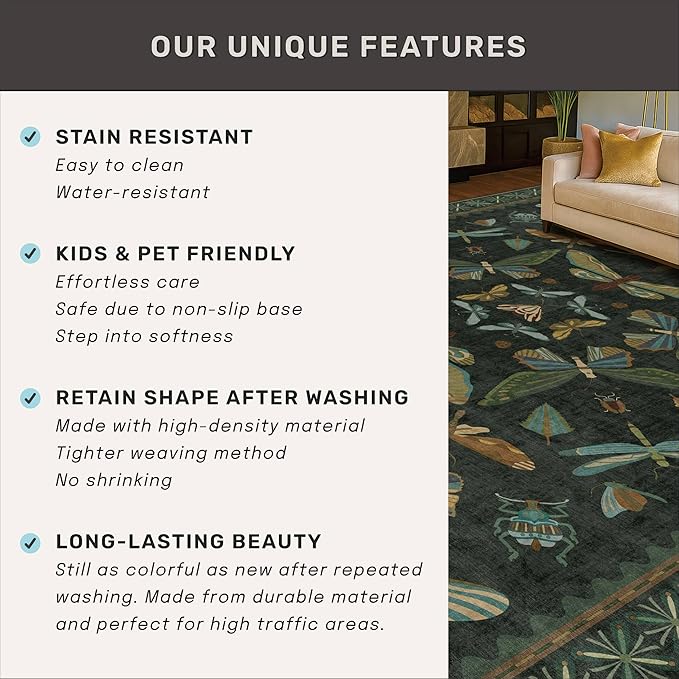 Dark Green 2'6"x10' Long Runner Rugs for Hallway - Boho Wide Washable Non Slip Indoor Entryway Rug, Low Pile Vintage Design - Stain Resistant Carpet
