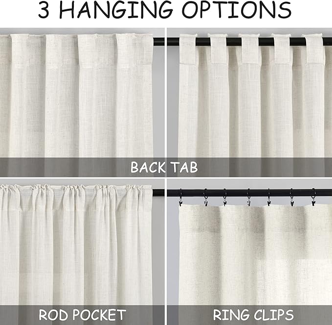 Cream Linen Curtains 108 Inches Long 2 Panels Set Back Tab Rod Pocket Semi Sheer Cotton Textured Light Filtering Extra Long Curtain Farmhouse High Ceiling Curtains for Living Room 9Ft 42x108