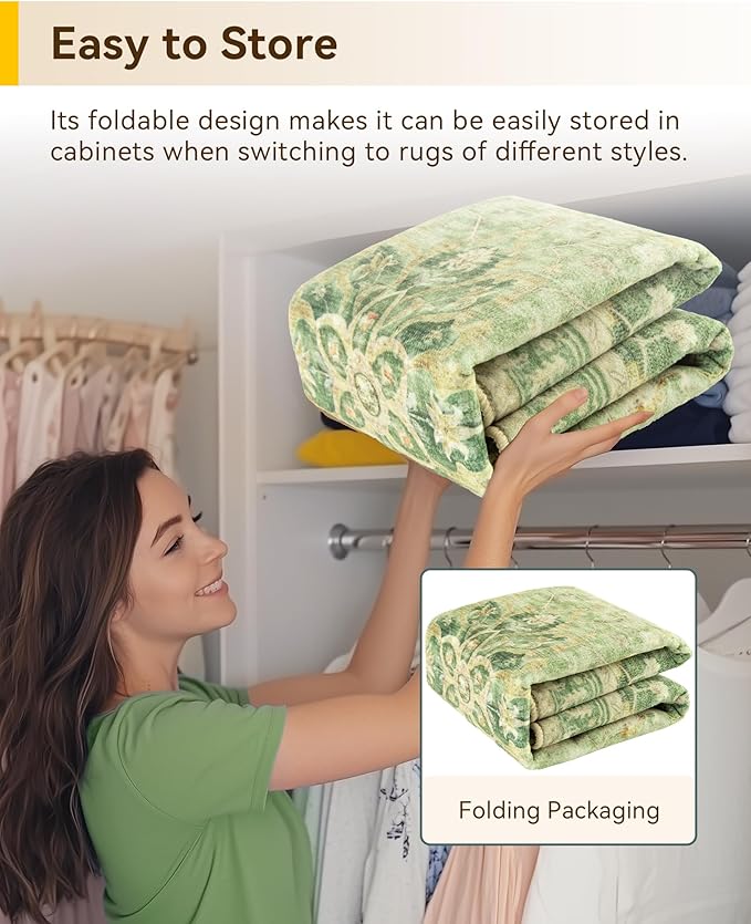 RELEANY Area Rugs 5ft Washable Non-Slip, Floral Vintage Distress Print Pattern Medallion Carpet for Living Room Bedroom Dining Room, Sage Green Yellow
