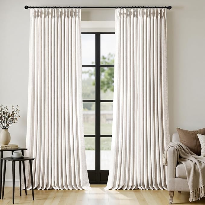 MIULEE Pinch Pleated Thick Linen Curtains 100 Inches Long 2 Panels for Living Room Bedroom, Pinch Pleat Drapes Back Tab Light Filtering Floor to Ceiling Semi Sheer Natural Farmhouse Window Curtains
