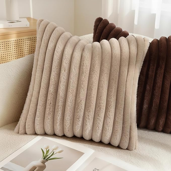 decorUhome Cozy Faux Fur Throw Pillow Covers 24x24 Set of 2 Decorative Soft Plush Striped Modern Farmhouse Boho Couch Euro Sham Pillow Cases with Velvet Back for Sofa Bed Living Room, Khaki Brown