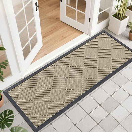 OLANLY Front Door Mat Outside Entrance 47x17, Absorbent, Heavy Duty Sturdy Natural Rubber Doormat Indoor Outdoor, Stain and Fade Resistant, Non-Slip Low Profile Floor Mat for Entryway, Beige Diamond