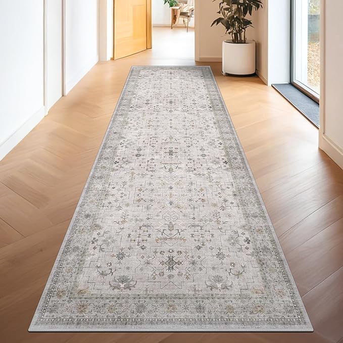 Hazo Haus Boho 3x16 Wide Hallway Runner - Light Gray and Taupe, Washable Low Pile Non Slip Stain Resistant 16ft Runner Rug for Long Kitchen, Hall Way, Floral Decor