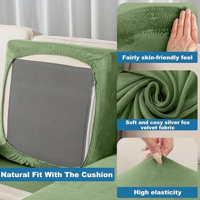 Couch Cover 6-Piece Elastic Velvet Couch Cushion Covers & Chaise Slipcovers for L-Shaped Sofas, Sofa Seat Covers Washable, Soft Cover for Couches (5 Seater + Chaise, Avocado Green)