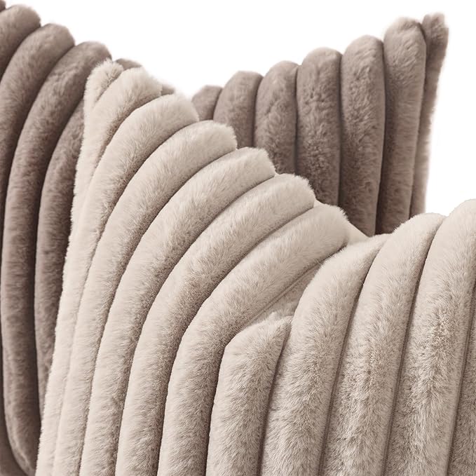 decorUhome Cozy Faux Fur Throw Pillow Covers 26x26 Set of 2 Decorative Soft Plush Striped Modern Farmhouse Boho Couch Euro Sham Pillow Cases with Velvet Back for Sofa Bed Living Room, Tan