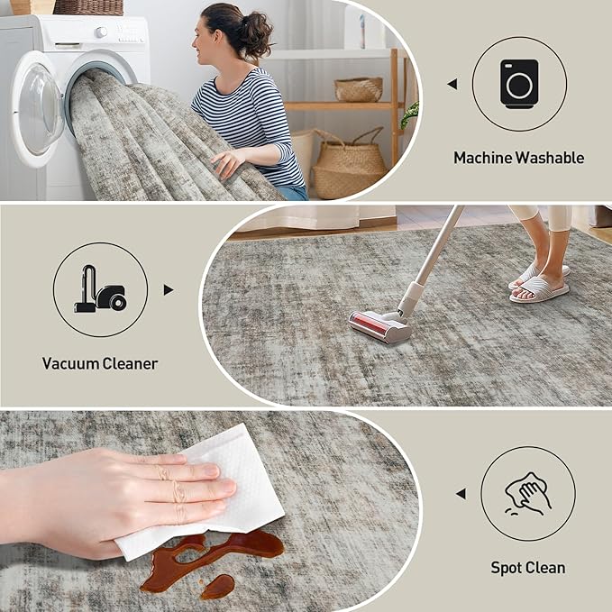 4x6 Area Rugs Washable Rug: Modern Abstract Living Room Rug Soft Anti-Skid Thin Carpet Indoor Floor Non-Shedding Carpets for Bedroom Dining Room Farmhouse Nursery Home Office Brown Black