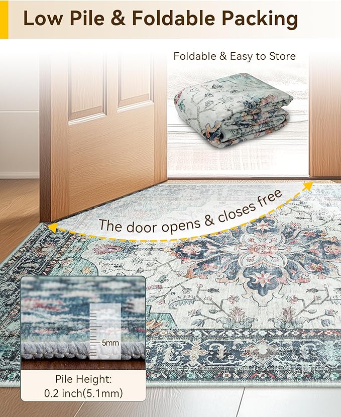 Area Rugs 10'x12' Washable Non-Slip, Floral Vintage Distress Print Pattern Medallion Carpet for Living Room Bedroom Dining Room, Green Navy Blue White Red Teal Colorful