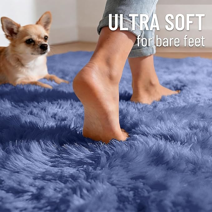 OLANLY Denim Blue Round Rugs for Bedroom - Machine Washable, 8 ft Circle Area Rugs for Living Room, Soft and Fluffy Shaggy Carpet for Teen Girl and Boys, Nursery Rooms, Dorms, Home Decor Aesthetic