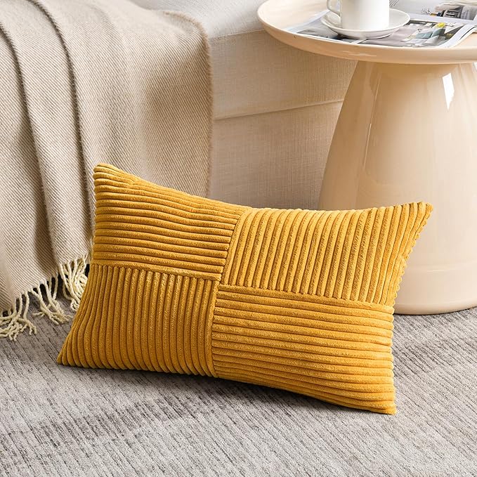 Fancy Homi 2 Packs Gold Yellow Lumbar Decorative Throw Pillow Covers 16x28 Inch for Couch Bed Sofa, Rustic Farmhouse Boho Spring Home Decor, Soft Striped Corduroy Rectangle Accent Cushion Case 40x70cm